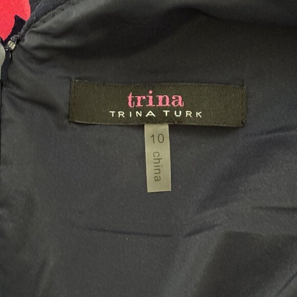 Trina Turk Career Floral 60s Dress Navy Pink High Neck Low V Back Midi Sz 10 GUC - Picture 9 of 12